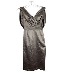 White Vera Wang Knee Length Sheath Dress Bronze Sash Back Tie Formal US 6
